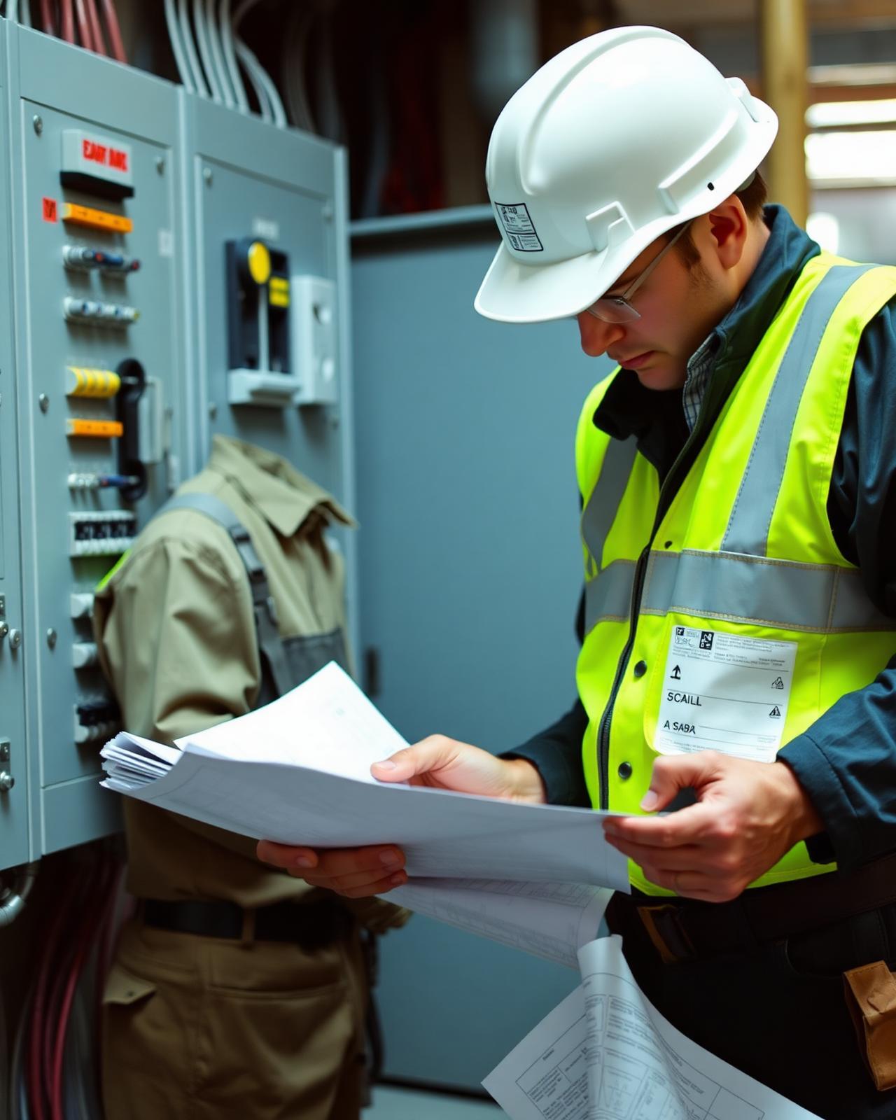 An electrician checking plans on site